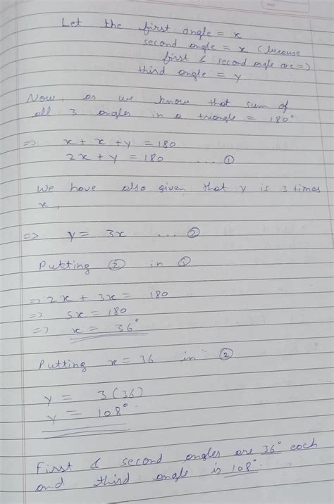 The second angle of a triangle is the same as the first angle. The ...