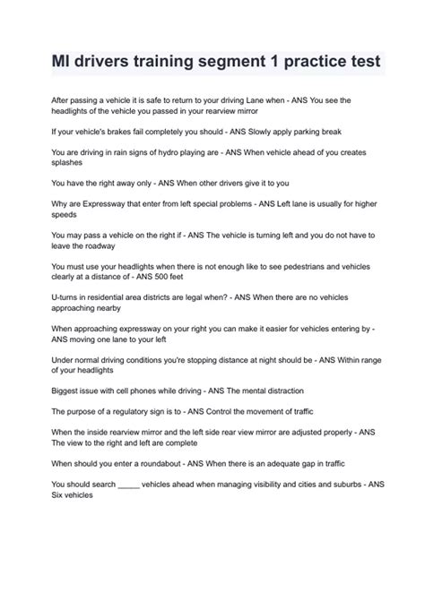 MI drivers training segment 1 practice test Exam 2024/2025 Questions ...