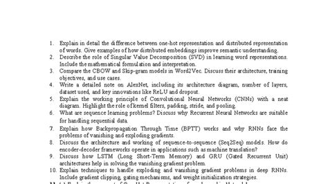 DL - Important Questions on Word Representation & Neural Networks - Studocu