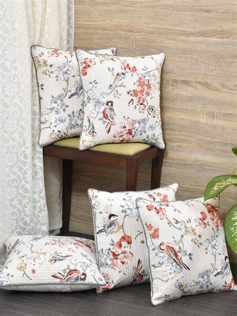 Buy Clasiko Cushion Covers Set Of 5; Grey Bird; Cotton Fabric; 16X16 ...