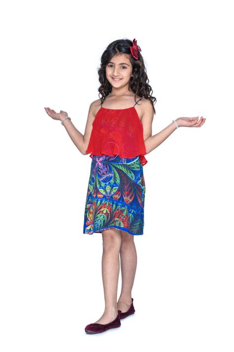 red blue printed crepe front back short Layer noodle strap knee length ...