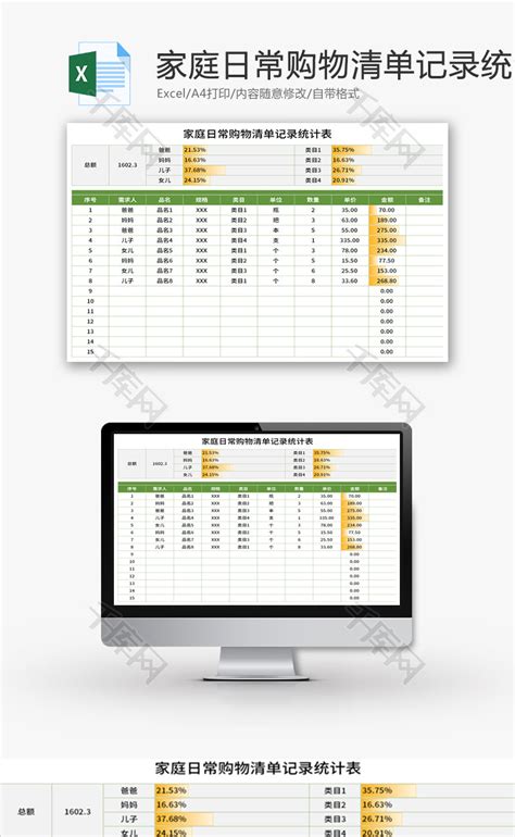 家庭日常购物清单记录统计表Excel模板_千库网(excelID：168844)