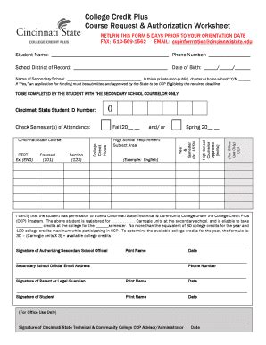 Fillable Online cincinnatistate College Credit Plus Course Request ...