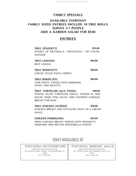 Online Menu of Pastafina Mineral Wells Restaurant, Mineral Wells, Texas ...