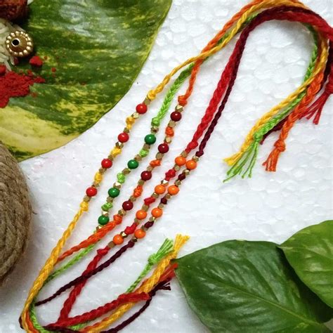 Set of 5 Brass Beaded Dhaga Rakhi