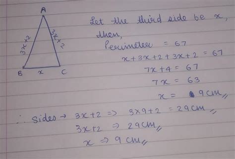 two equal side of an isosceles triangle are each 2 cm more than thrice ...