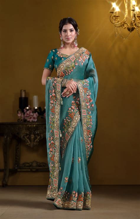 Teal Blue Twill Tissue Khatli work Saree-MH 25008 – Mohi fashion