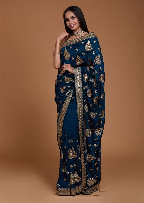 Buy Peacock Blue Zari Work Raw Silk Saree - Koskii
