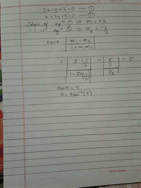 find the acute angle between the following pairs of line 2x-y+3=0 and ...