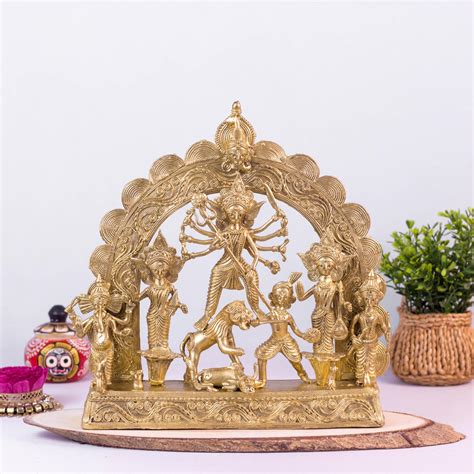Buy Craft Triangle Brass Dokra Durga Mahishashur Mardini Family Idol (L ...