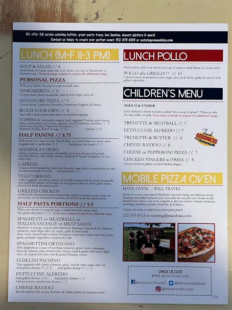 Menu at Mandola's Italian Kitchen pizzeria, Austin, W William Cannon Dr E-1
