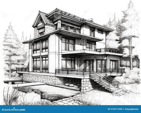 Sketch Illustration of a Modern Style House that Has a Swimming Pool in Front of it Using Pencil ...