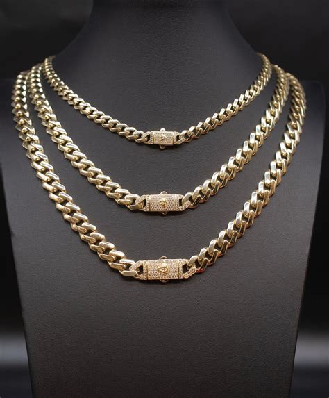 14k Real Gold Miami Cuban Link Chain With Zirconia Box Lock Necklace ...