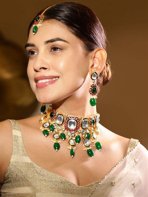 Rubans 24K Gold-Plated Kundan & Green Beaded Choker Necklace Set with