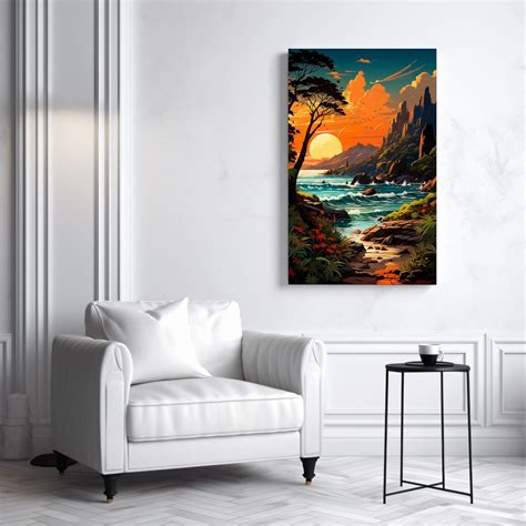 Rocky Coastline Canvas, Dan Mumford Style, Sunset Sea Canvas, Vibrant ...