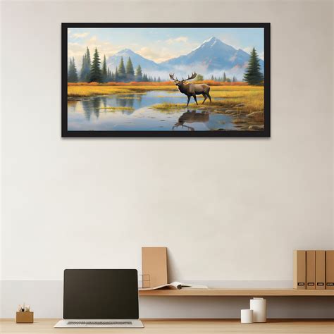 Deer Standing in Front of Lake Floating Framed Canvas Wall Painting ...
