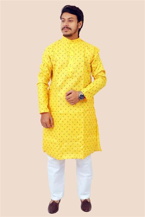 Bihar Khadi. Bihar Khadi Yellow Printed Cotton Kurta