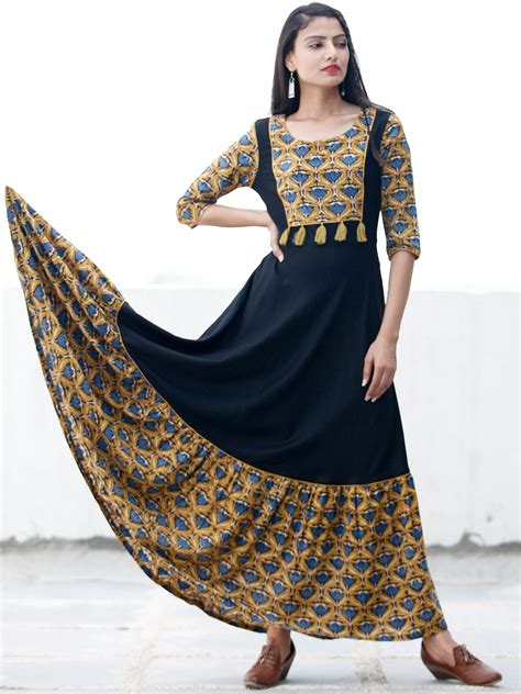 Mustard Indigo Black Hand Blocked Long Cotton & Rayon Dress - D181F137 ...