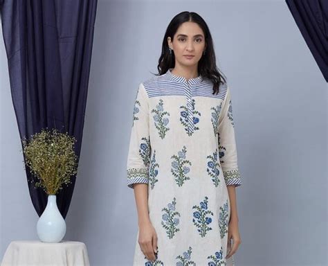 Blue White Hand Block Printed Cotton Kurta