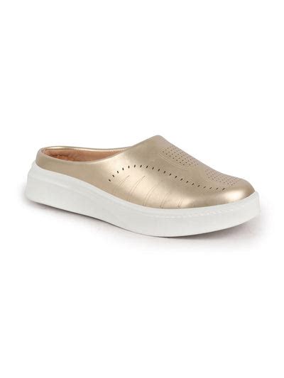 Shop Women Golden Perforated Laser Cut Slip On Mules Shoes