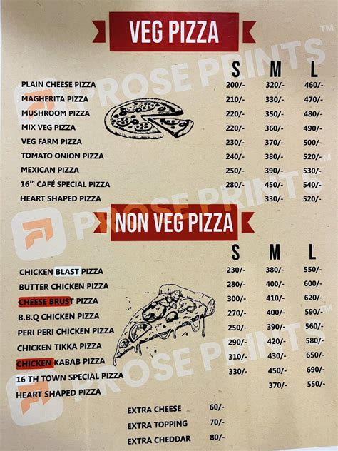 Menu at 16th Town, India