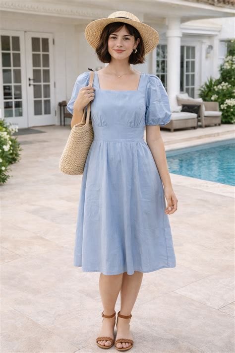 Women's Light Blue Square Neck Puff Sleeve Fit & Flare Midi Dress ...