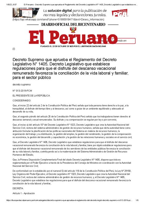 Decreto Supremo N° 1405: Reglamento sobre descanso vacacional ...