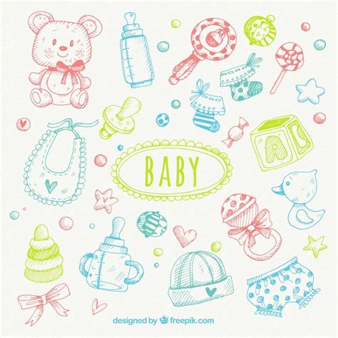 Set of colored baby elements sketches | Free Vector