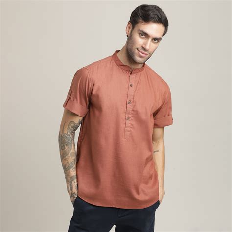 Saltpetre Men's Rust Brown Organic Relaxed Half Sleeve Mandarin Shirt ...