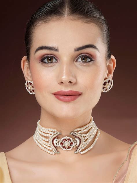 Karatcart Red Meena Floral Design Pearl Choker Jewellery Set for Women