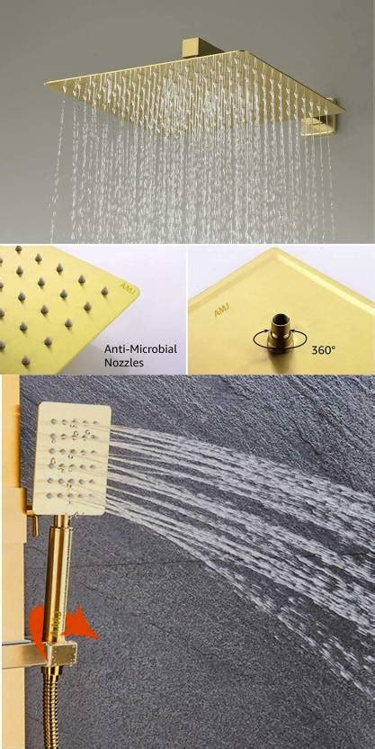 AMJ 8X8 Gold Shower with 12inch Arm,Wall Flange and HandShower,Tube and ...