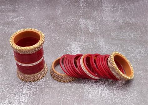 Navjai Bridel Punjabi Choora Golden Kada with Red Acrylic Churiya & St ...