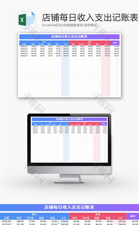 店铺每日收入支出记账表Excel模板_千库网(excelID：168163)