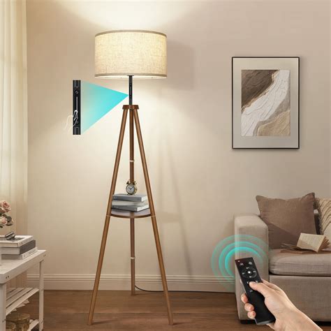 OUTON 61" Wood Tripod Floor Lamp with Shelves, Dimmable Standing Lamps ...