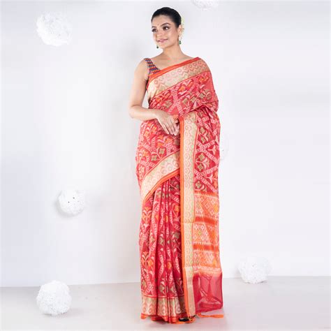 Varanasi chanderi saree in red color with tree motifs and golden borde ...