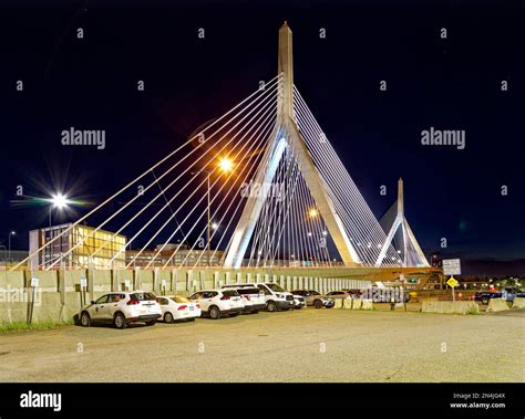 Boston Bridges: Leonard P. Zakim Bunker Hill Memorial Bridge spans the Charles River. The ...