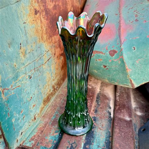 Antique Green Marigold Carnival Glass Swung Vase 10 Possibly April ...