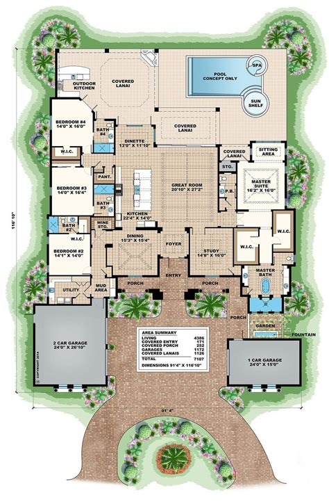 Mediterranean Style House Plan - 4 Beds 4.5 Baths 4386 Sq/Ft Plan #27 ...