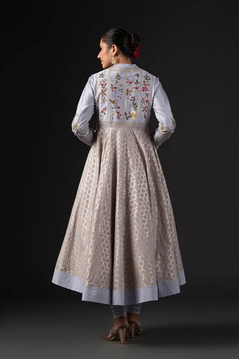 Rohit Bal Blue Cotton Silk Anarkali Embroidered Suit Set at Biba India