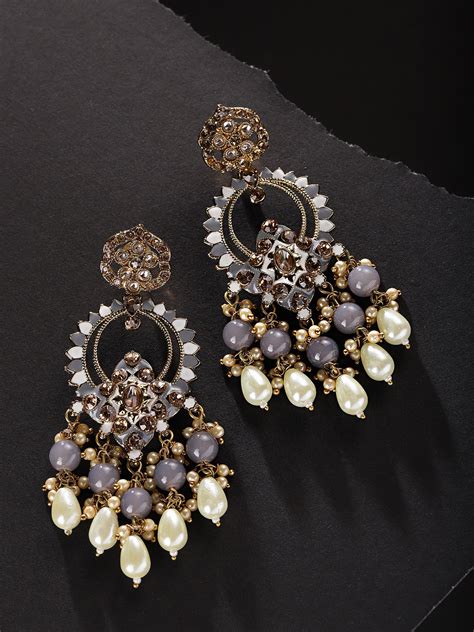 Gold-Plated Stone Studded Beaded Drop Earrings with Meenakari Work In ...