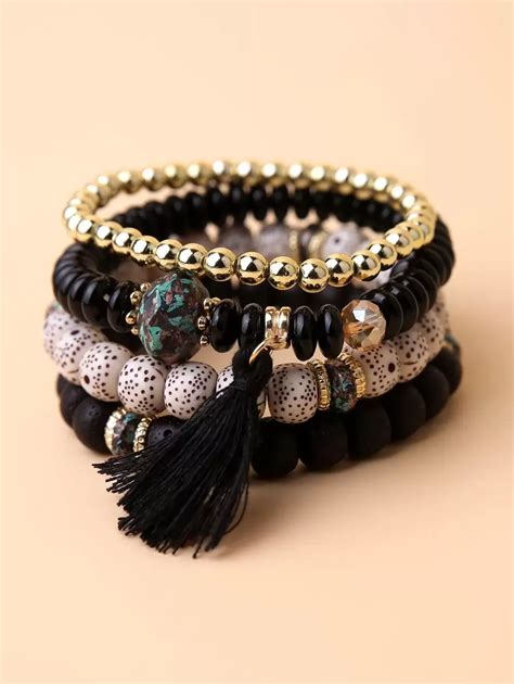 4pcs Tassel Charm Beaded Bracelet | SHEIN USA