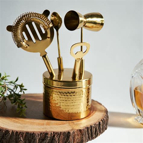 Gold Hammered Metal Bar Tool Set with Base