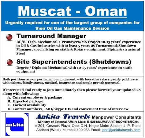 Oman - Muscat Oil & Gas Maintenance and Shutdown Jobs : Skype Interview