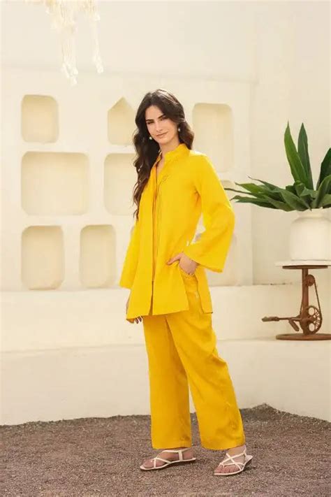 Pure Ease In Yellow Russian Silk Co-ord Set