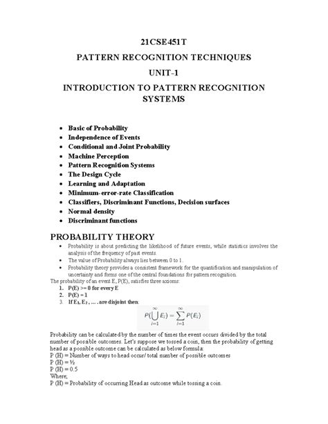 21CSE451T Pattern Recognition Techniques: Unit 1 Notes on Probability ...