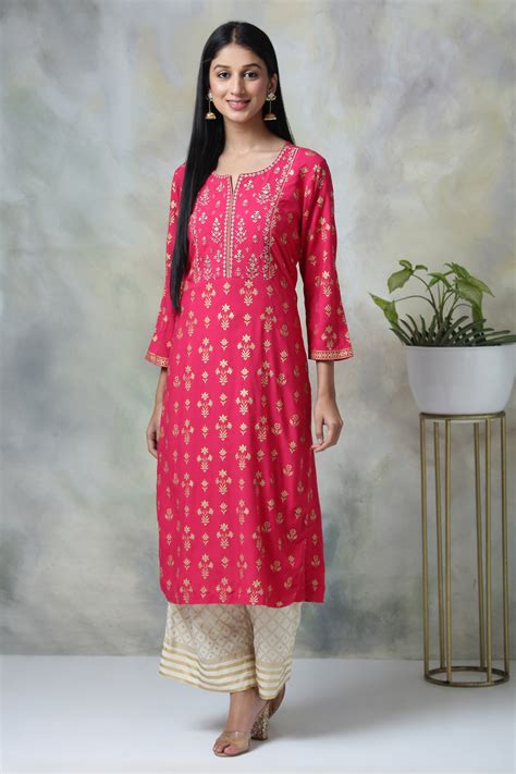 Pink Rayon Straight Kurta Palazzo Suit Set
