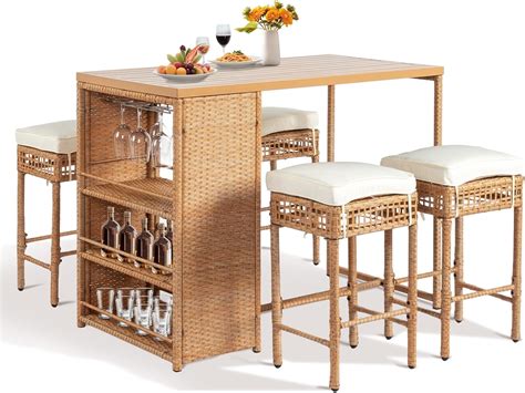Amazon.com: Outvita 5-Piece Outdoor Bar Set, Wicker Rattan Bar Height ...