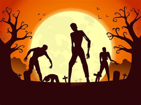 Zombie crowd resurrection and walking out from the grave in full moon ...