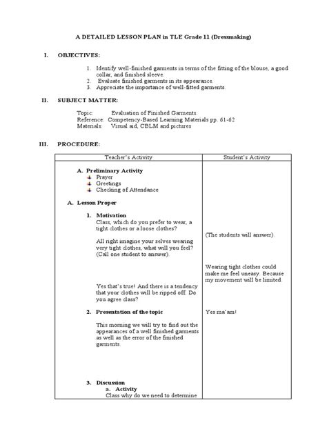 Image result for Sample Lesson Plan Dressmaking