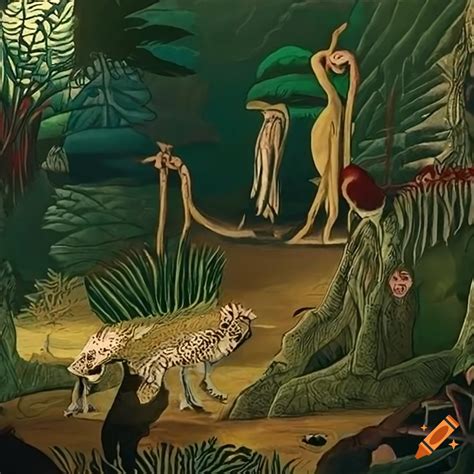 Jungle landscape with animal-human hybrids in artwork on Craiyon